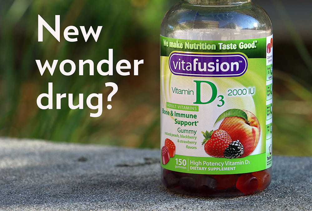 close up of Vitamin D pill bottle with headline "New wonder drug?"