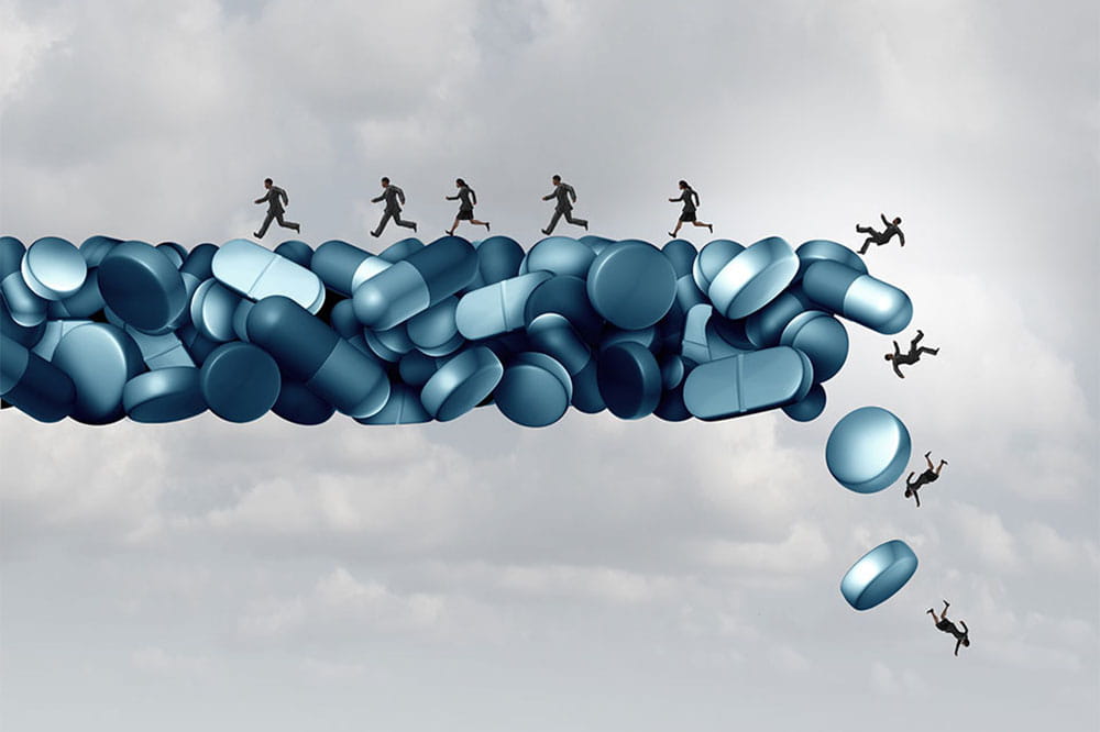 Illustration of people trying to run away from opioid addiction