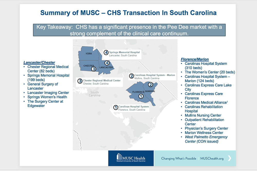 Slide from a powerpoint presentation showing location of community hospitals that MUSC intends to purchase