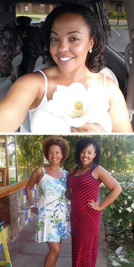 Two photos stacked vertically. Top is a woman in a dress taking selfie in car. Bottom is two women posing outside in Jamaica.