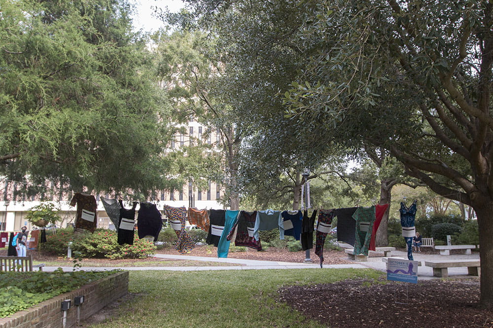 Clothing hanging on the MUSC campus to represent people killed through domestic violence