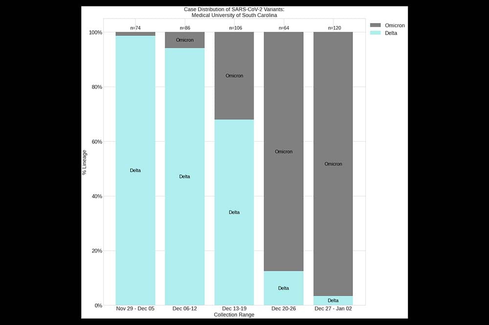 Bar chart shows Omicron accounts for almost all cases sequenced at MUSC.