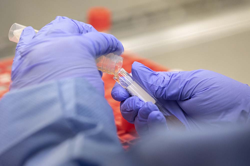 Heather Hill pours the samples into machine specific tubes in order to run the samples to test for covid. Each of the different machines in the labs have different types of tubes that they use.