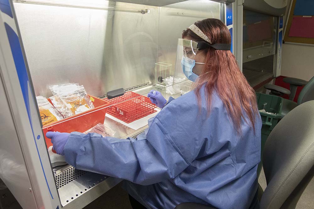 Heather Hill prepares to pour the samples into machine specific tubes in order to run the samples to test for covid. Each of the different machines in the labs have different types of tubes that they use.