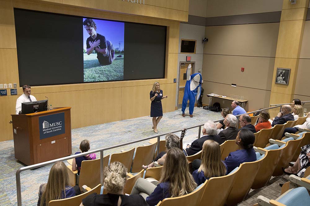 Stephanie McGowan presents her idea to the Sharks at the MUSC Shark Tank during Innovation Week in 2019.