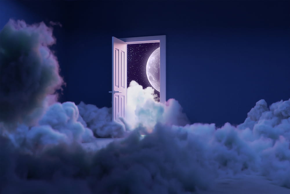 Dreamlike image of clouds with a floating door, which is ajar and a sliver of moon is visible thru its opening
