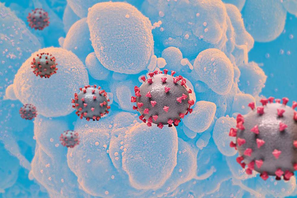 Translucent bubbles mix with red and gray coronavirus particles in an illustration of the virus.