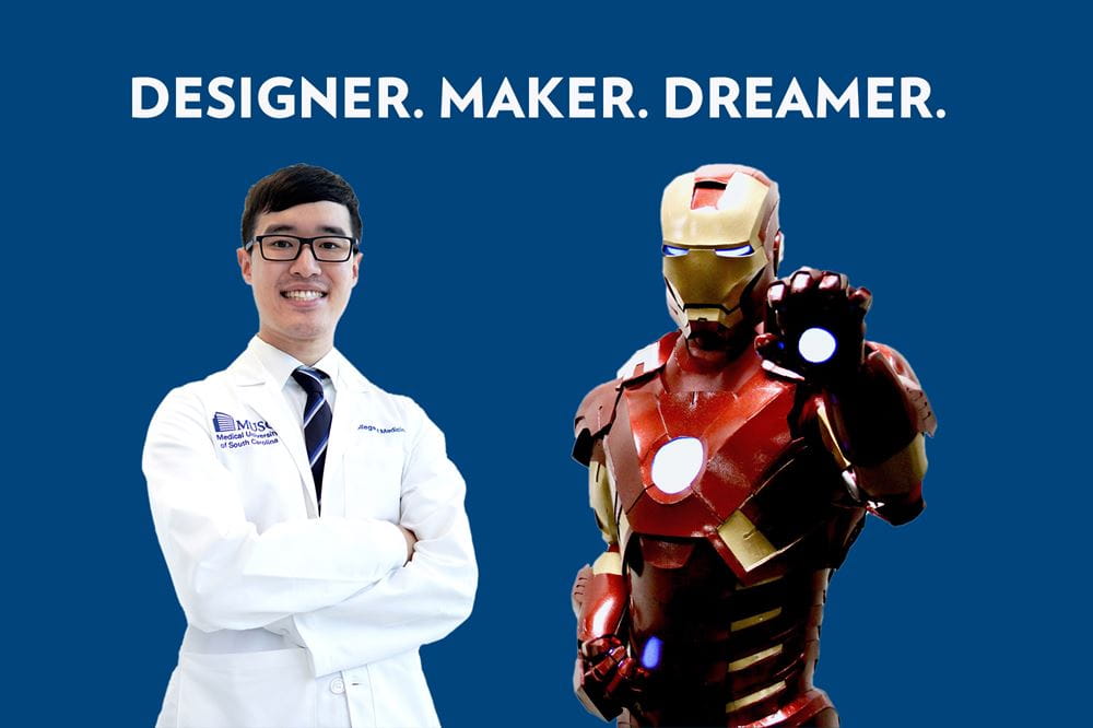 photo of man in lab coat on left and same man dressed as ironman at left. at top it reads designer. maker. dreamer.