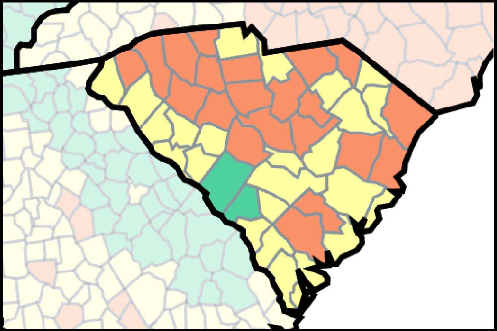 Map of South Carolina. Most of the state is colored red/orange or yellow.