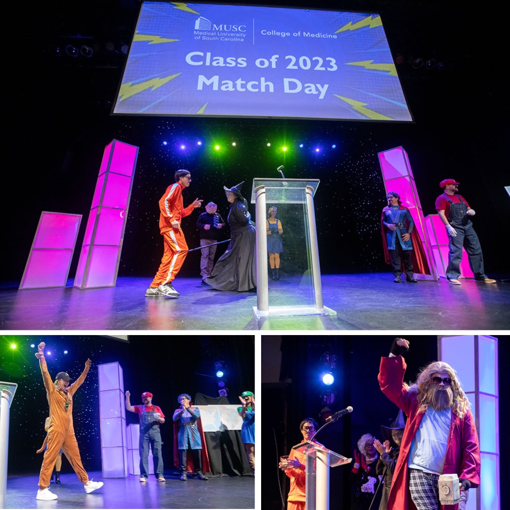 series of three photos. at top faculty dress up as movie characters. below at left a young woman triumphantly holds her arms in the air. below right a man dressed as Thor with a giant beard pumps a fist in the air.