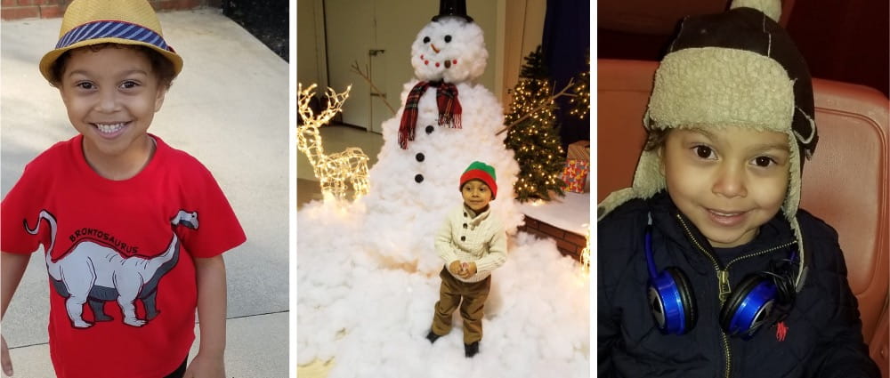 A trio of photos of Lino, from left smiling in a dinosaur t-shirt, in winter clothes in front of a fake snowman and wearing a bomber cap and headphones