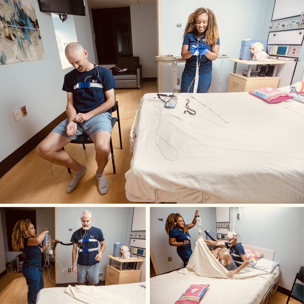 Montage of three photos. At top a man sits in a chair as a woman gets wires untangled next to a bed. Below on the left last minute adjustments to the wires are being made as the man gets ready to get in bed and bottom right the man is getting under the covers