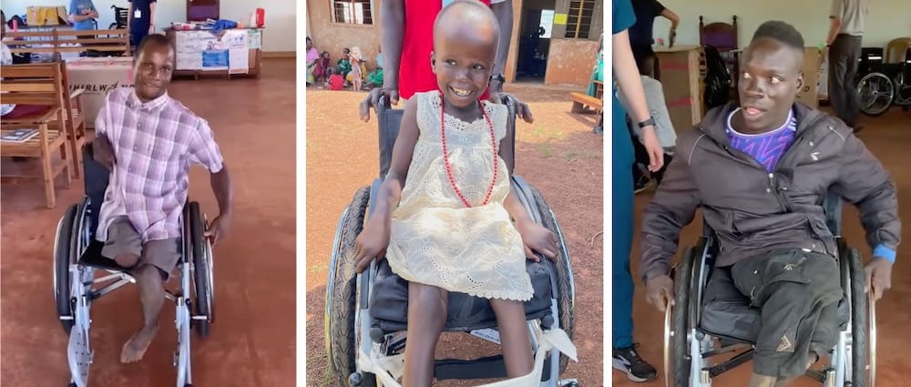 A series of three photos, two men and a young girl smiling in their new wheelchairs