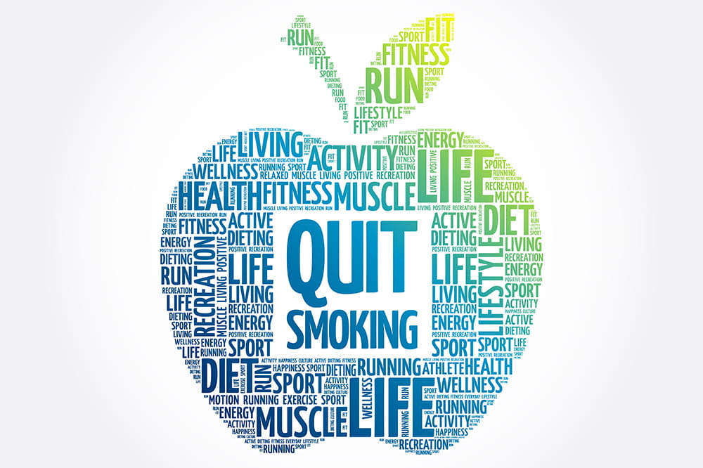 a word cloud in the shape of an apple with Quit Smoking being the most prominent and other words including life, muscle and more