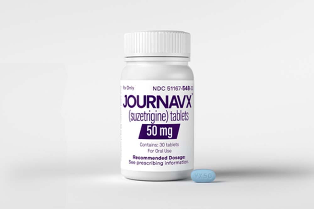 White bottle with the name Journavx on it. Also says suzetrigine tablets, 50 mg. Contains 30 tablets for oral use.