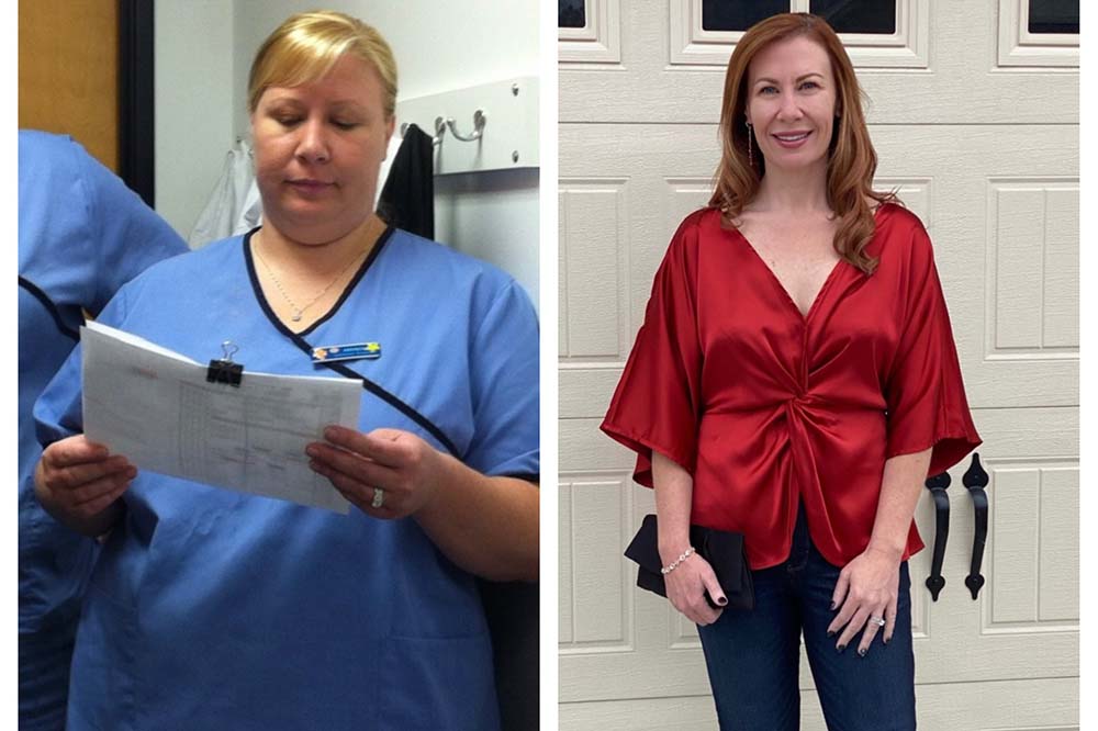 Two pictures side by side of the same woman. In the one on the left, she's wearing blue scrubs. In the one on the right, she has lost weight and is wearing a red top.