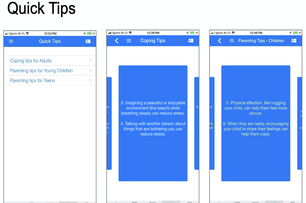 Screenshot of a page that says Quick Tips and has three columns. One is headlined quick tips. The second is coping tips. The third is parenting tips-children