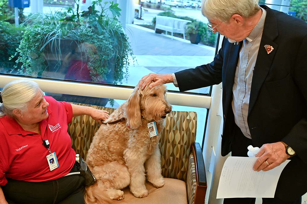 A woman with light hair wearing a red polo sits with a large dog as a man wearing a blazer reaches down to pet the dog.